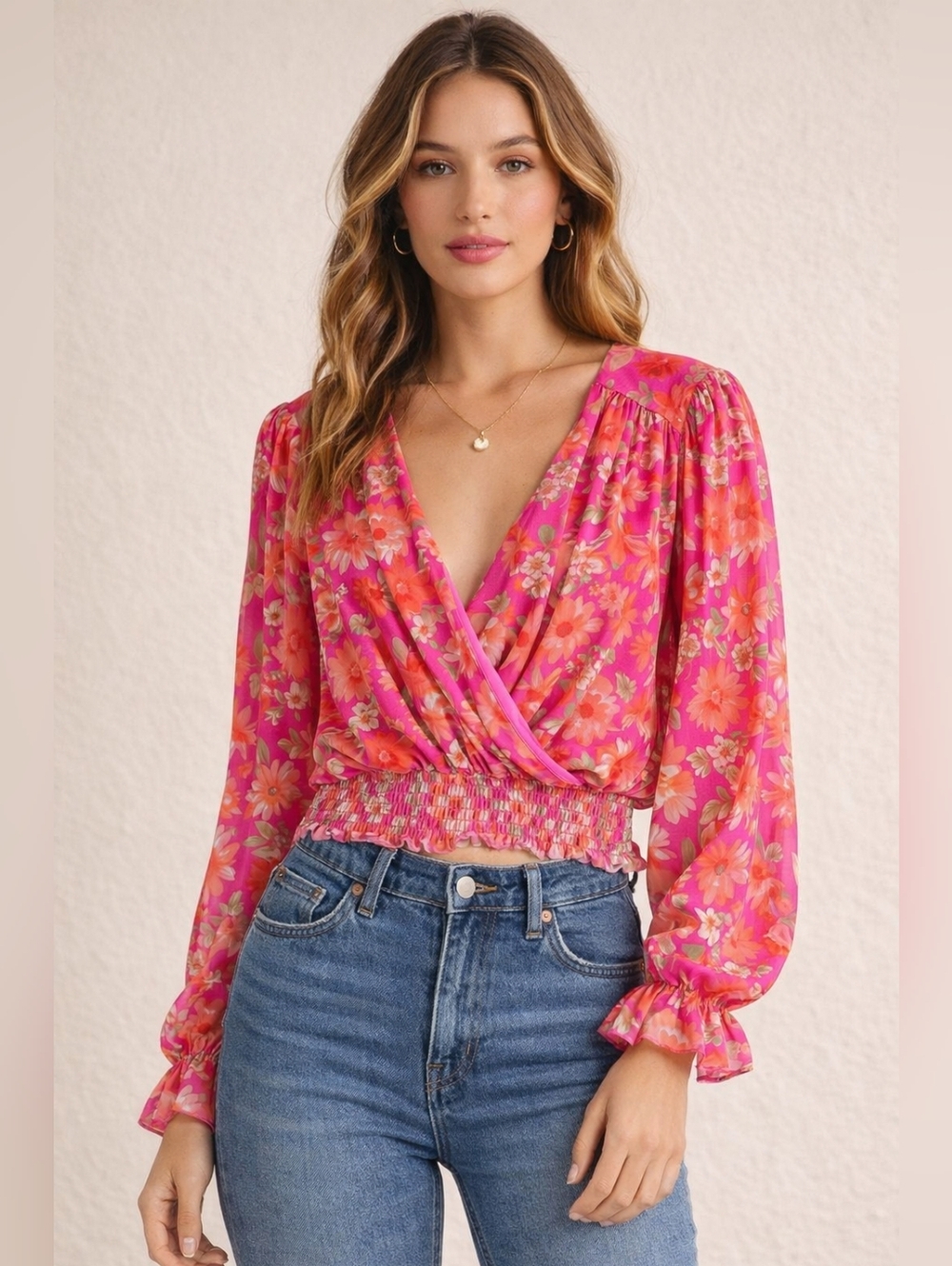 Peach Love Floral Crossover Long Sheer Sleeve Crop Top Pink Womens Large